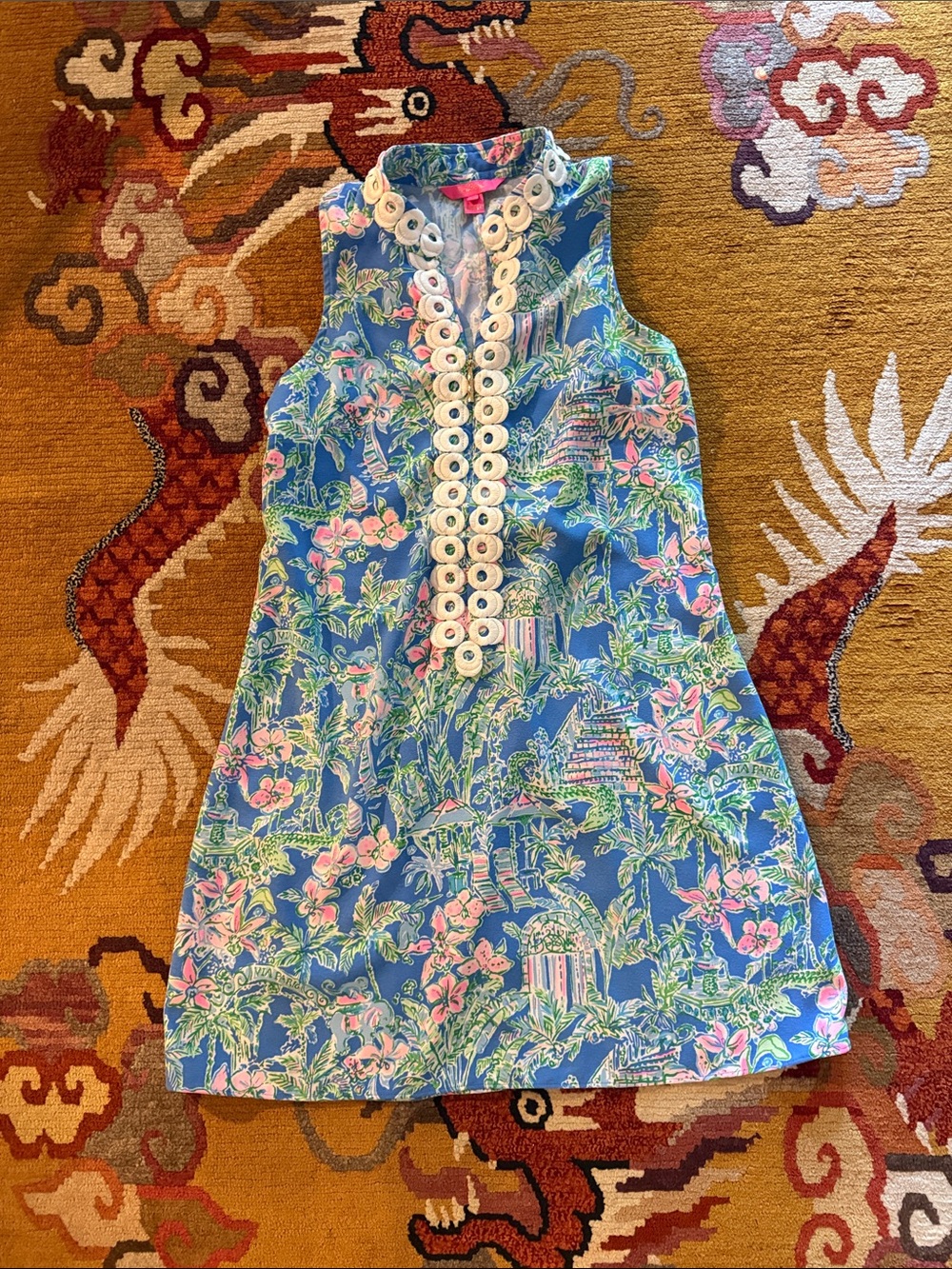 Lilly Pulitzer Blue Tropical Floral Sleeveless Dress with White Trim